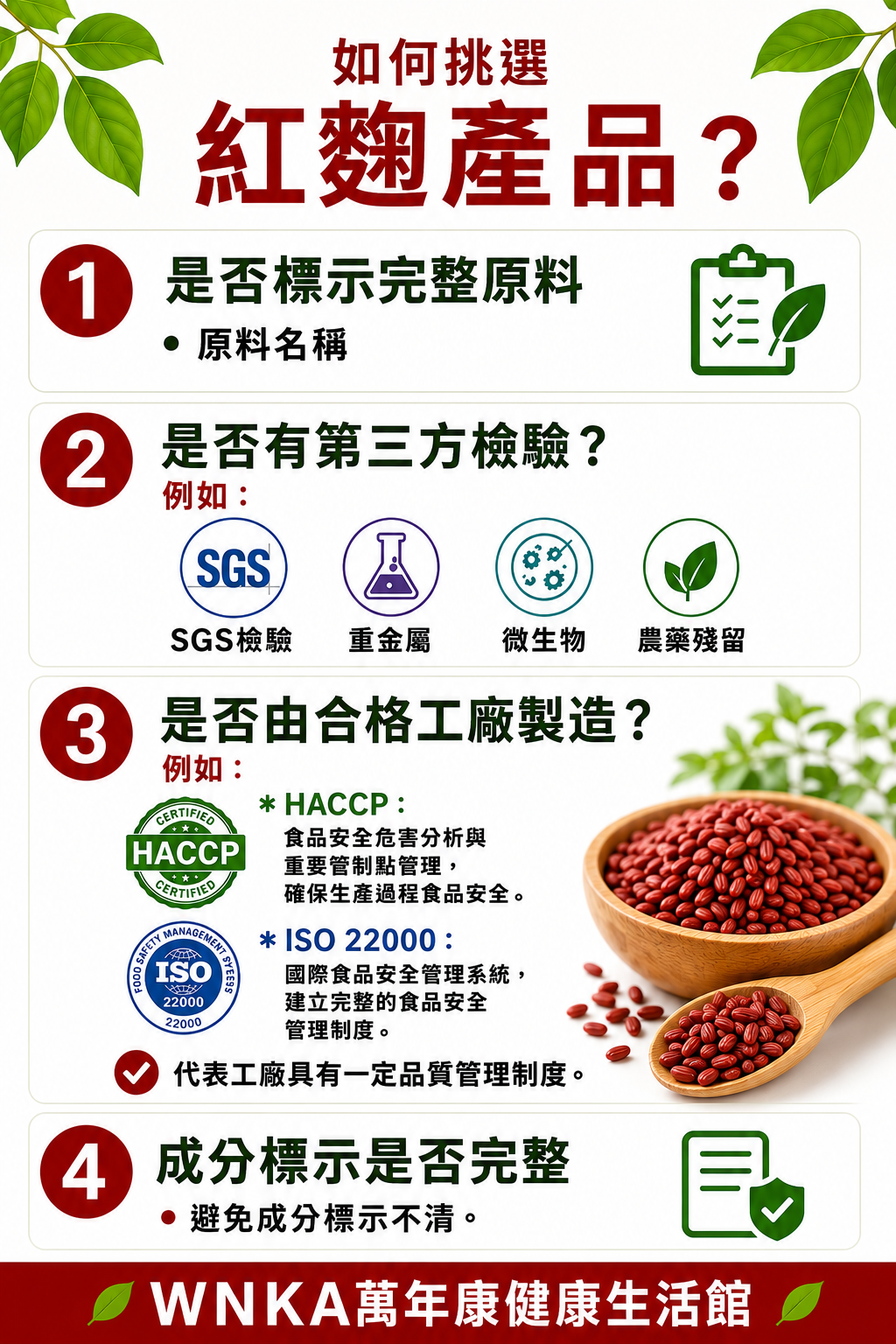 ALT（替代文字） 如何挑選紅麴產品？了解完整原料標示、第三方檢驗SGS、HACCP 與 ISO 22000 品質管理，以及成分標示完整性，幫助消費者認識選購重點。